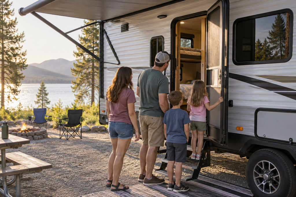 Family of four standing beside a travel trailer at a wooded campground