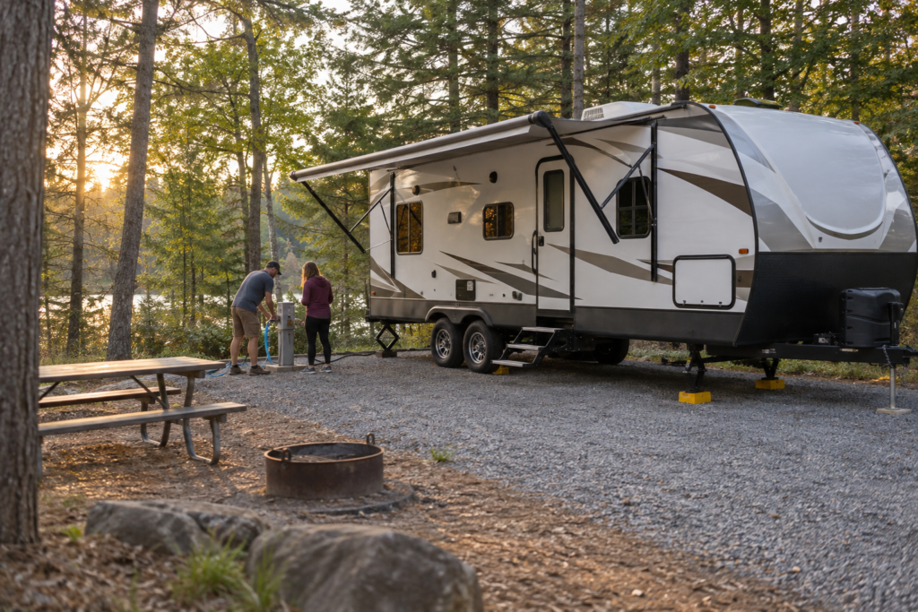 Illustration of a delivered travel trailer set up at a wooded campground