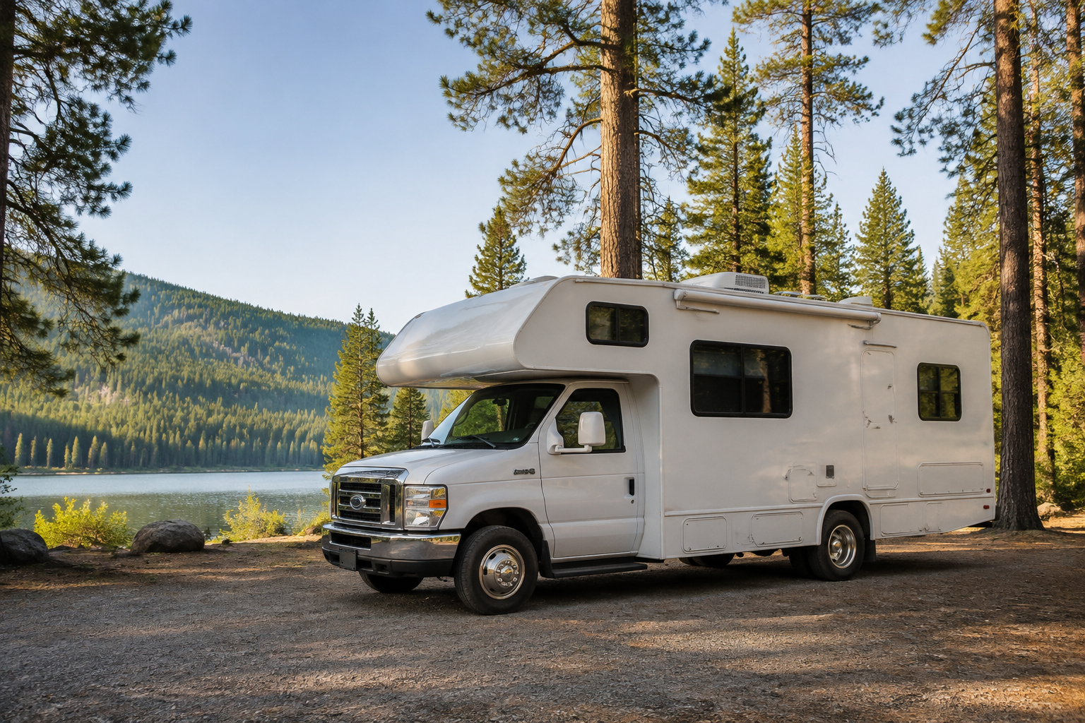 Illustration of a white motorhome parked beside a lake among pine trees.