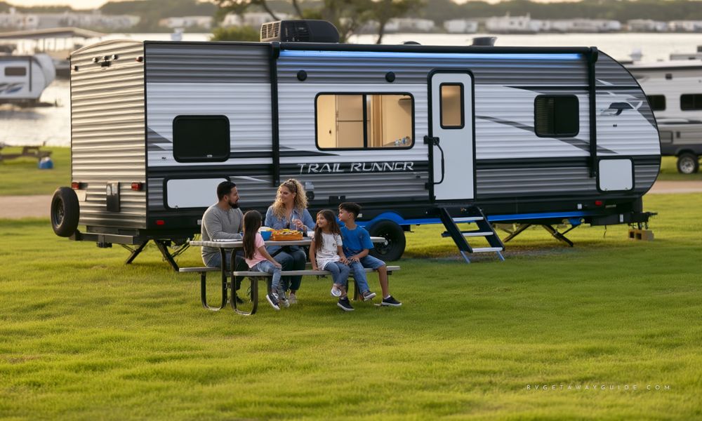 Family sitting outside their rented RV on a short vacation