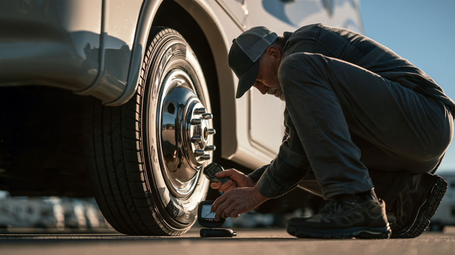 RV Tire Check Before Rental Departure Renter inspecting an RV tire before leaving the pickup location