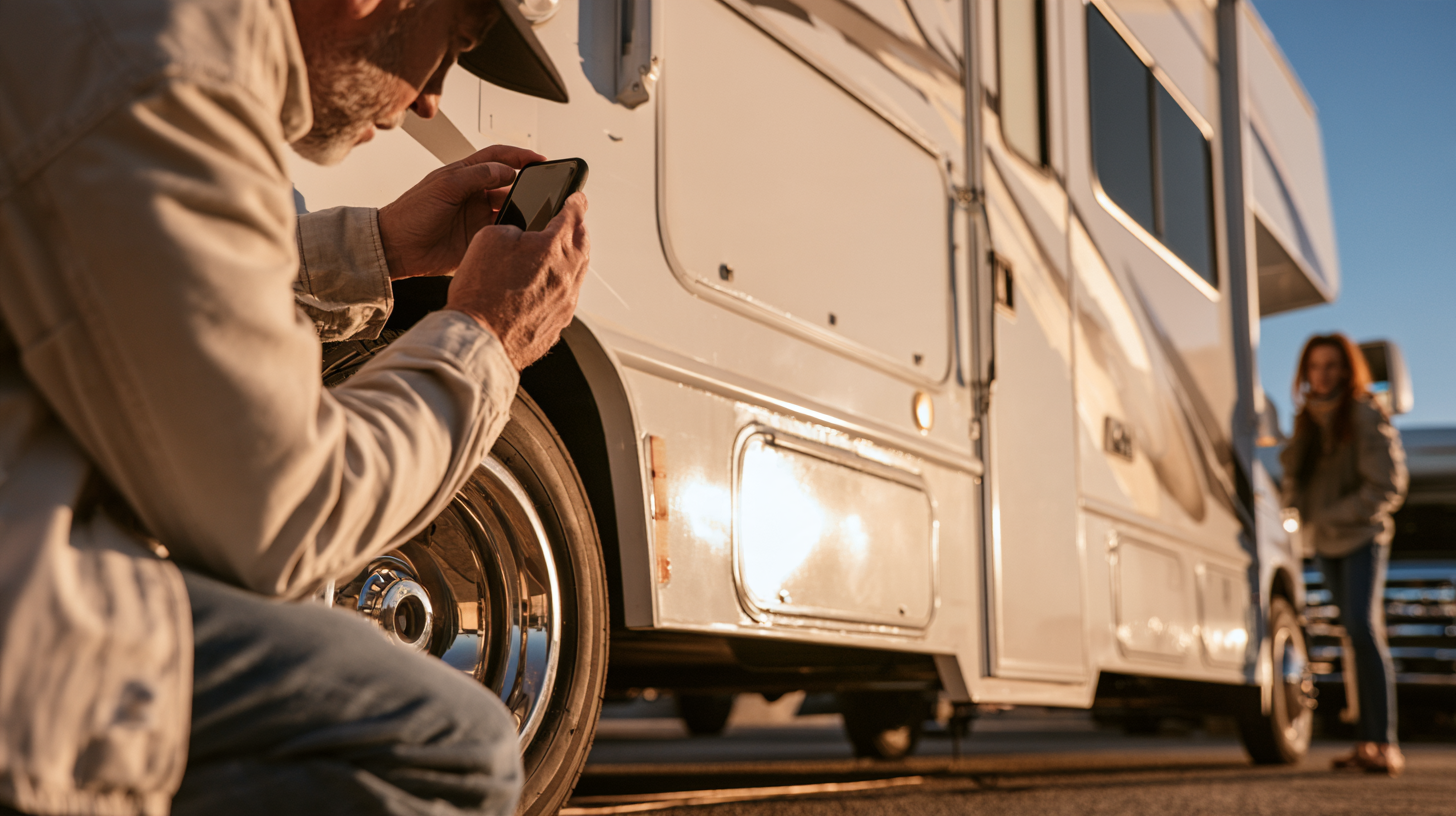 Documenting an RV Before Rental Pickup Renter photographing the exterior of an RV during the pickup inspection