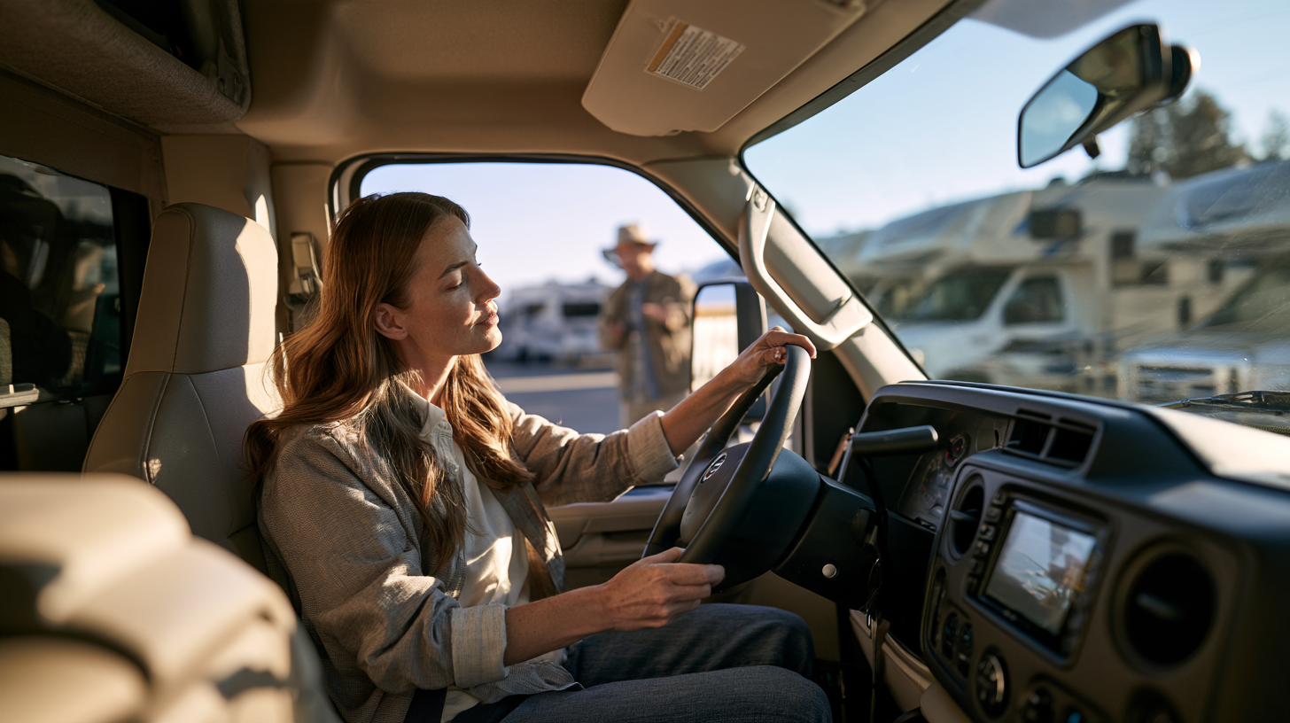 RV Rental Pre-Drive Safety Check First-time RV renter adjusting mirrors before a short test drive