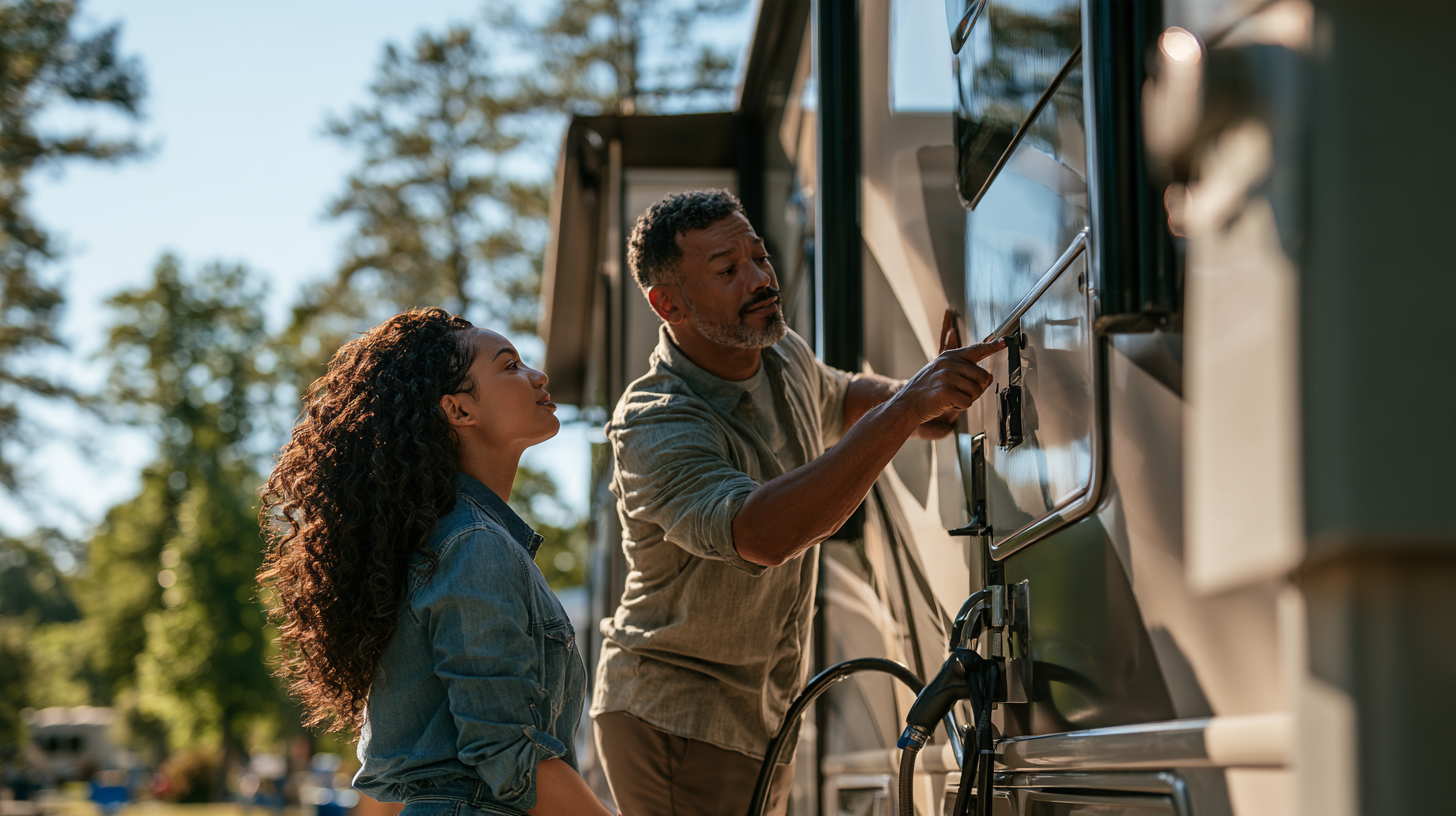 Learning RV Hookups and Systems RV owner showing a renter how to connect power and water at a campsite