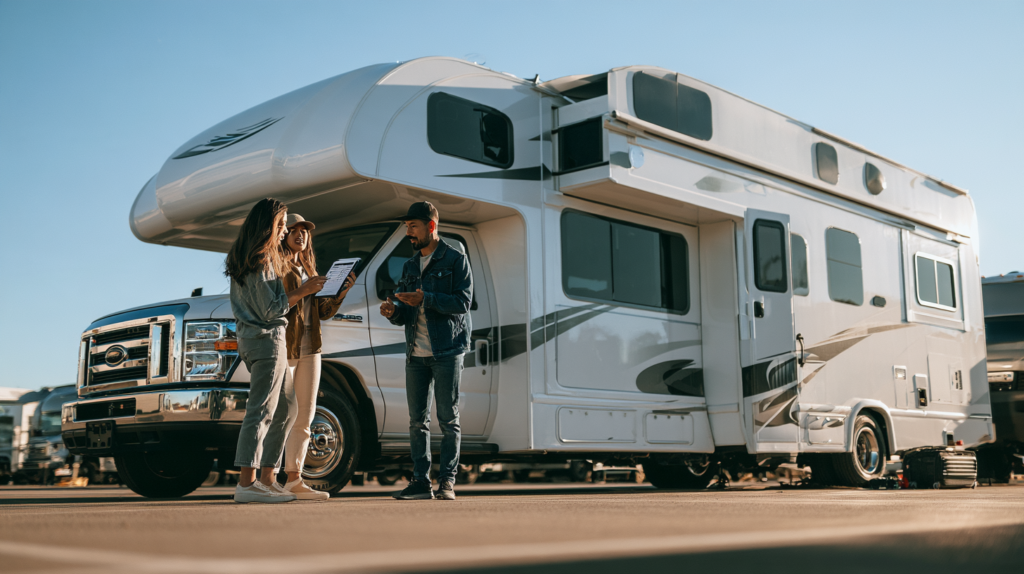 RV renter inspecting a motorhome with the owner before pickup