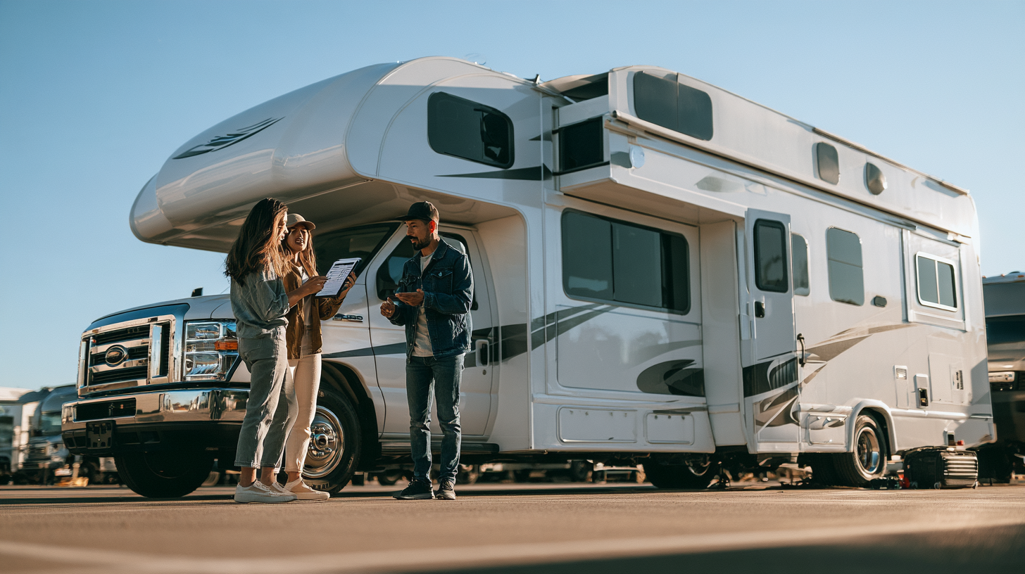 RV Rental Pickup Inspection Checklist RV renter inspecting a motorhome with the owner before pickup