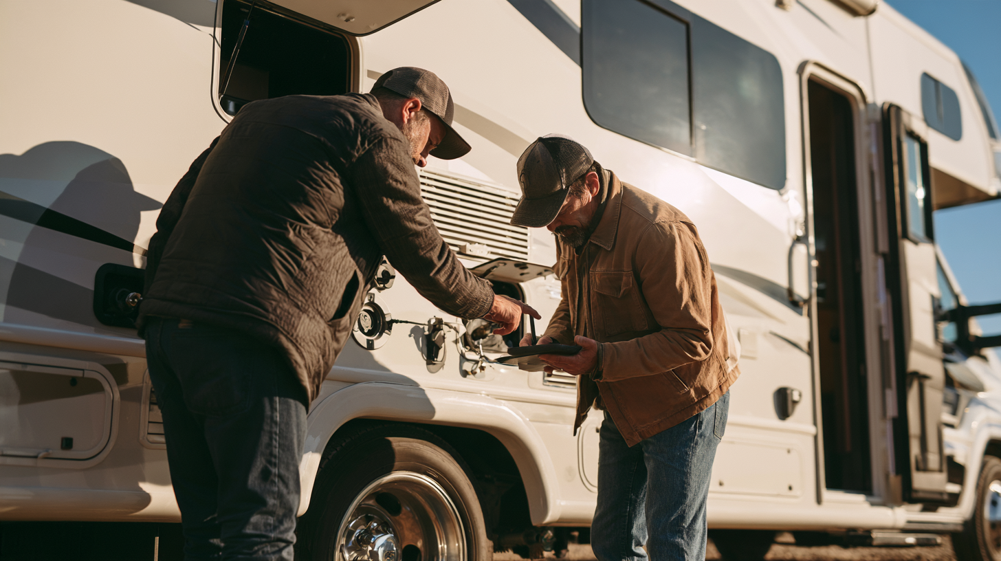RV Rental Pickup Inspection Worksheet RV renter and owner completing a pickup checklist beside a motorhome
