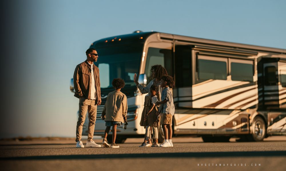 Final RV Rental Departure Check Renter performing a final walk-around of an RV before departure