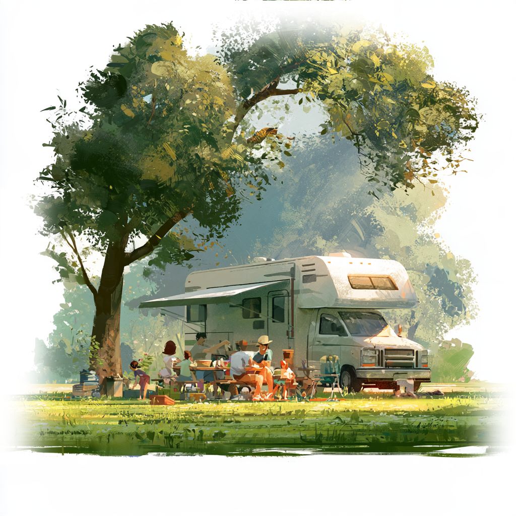 RV travelers enjoying a picnic beside their rental at a campsite.